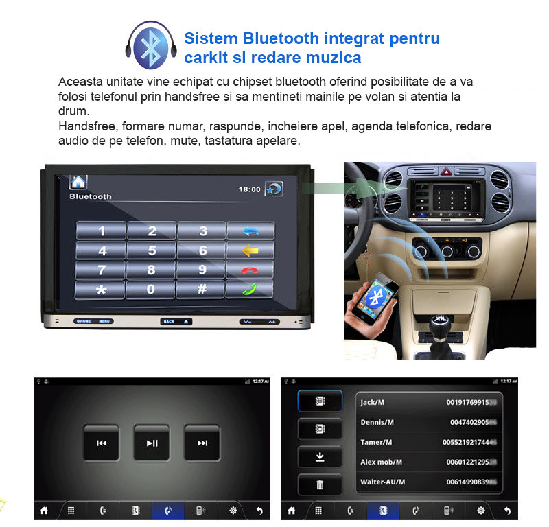 navigatie auto cu android si bluetooth cu carkit pentru convorbiri telefonice