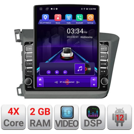 Navigatie dedicata Honda Civic Sedan K-132 ecran tip TESLA 9.7" cu Android Radio Bluetooth Internet GPS WIFI 2+32 DSP Quad Core