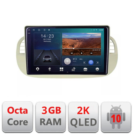 Navigatie dedicata Fiat 500 intre anii 2007-2015  Android Ecran 2K QLED octa core 3+32 carplay android auto KIT-fiat500+EDT-E309V3-2K