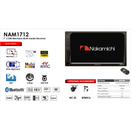 Receiver Nakamichi 2din cu bluetooth si mirrorlink ecran 7 inch capacitiv 4X50W max , 1 preout 4V