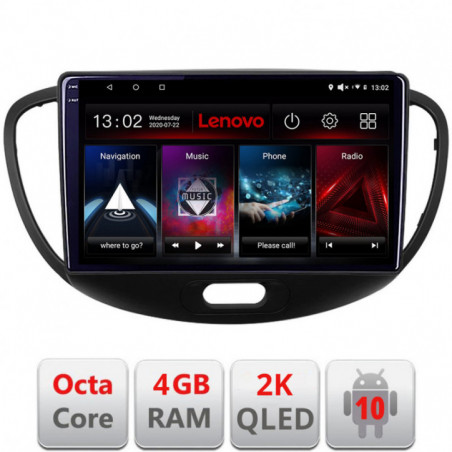 Navigatie dedicata Lenovo Hyundai I10 2007-2013 , Octacore Qualcomm, 4Gb RAM, 64Gb Hdd, 4G, Qled 2K, DSP, Carplay, Bluetooth