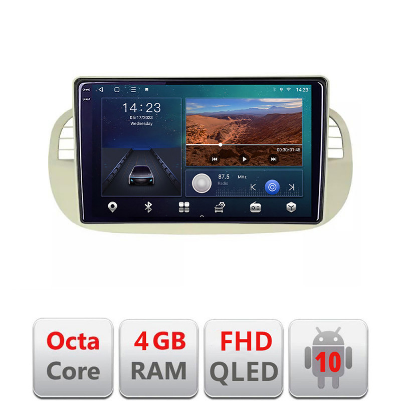 Navigatie dedicata Fiat 500 intre anii 2007-2015  Android Ecran QLED octa core 4+64 carplay android auto KIT-fiat500+EDT-E309V3
