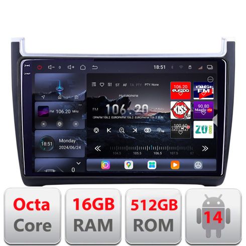 Navigatie VW Polo 2014- Edotec Kit-655 8 core QLED 2K 16+512GB 360 Android Waze USB Navigatie Internet Youtube Radio