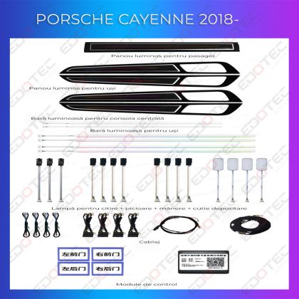 Porsche Cayenne 2018-2022 hangulatvilágítás komplett szett telefonvezérlő díszlécekkel vagy eredeti rendszerrel