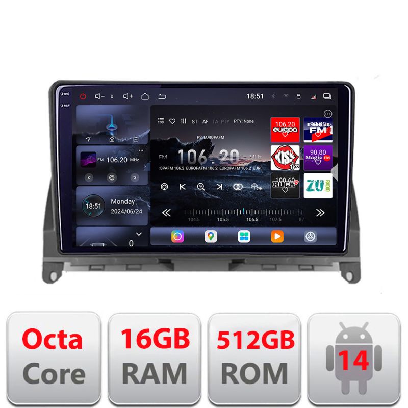 Navigatie Mercedes W204 2008-2012 Edotec Kit-W204 8 core QLED 2K 16+512 360 Android Waze USB Navigatie Internet Youtube Radio