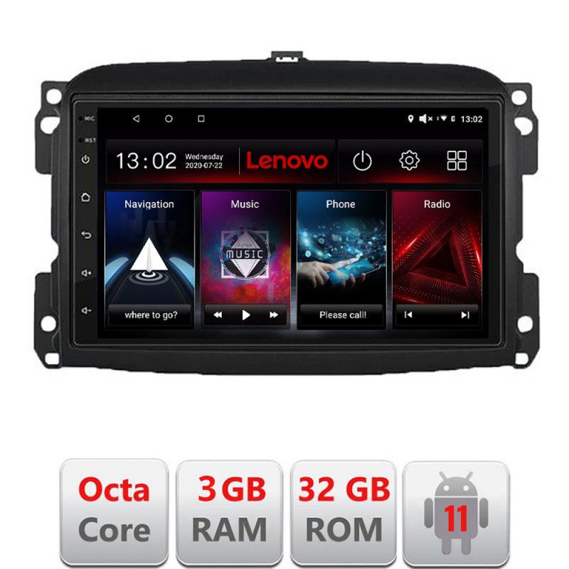 Navigatie Fiat 500 2015-2021 Octa Core cu Android Radio Bluetooth Internet GPS WIFI DSP 3+32 GB 4G KIT-500new+E LENOVO LITE
